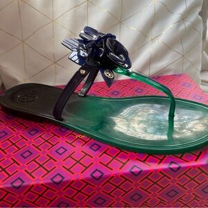 Tory Burch Green and Navy Blue Sandals with Bow Detail